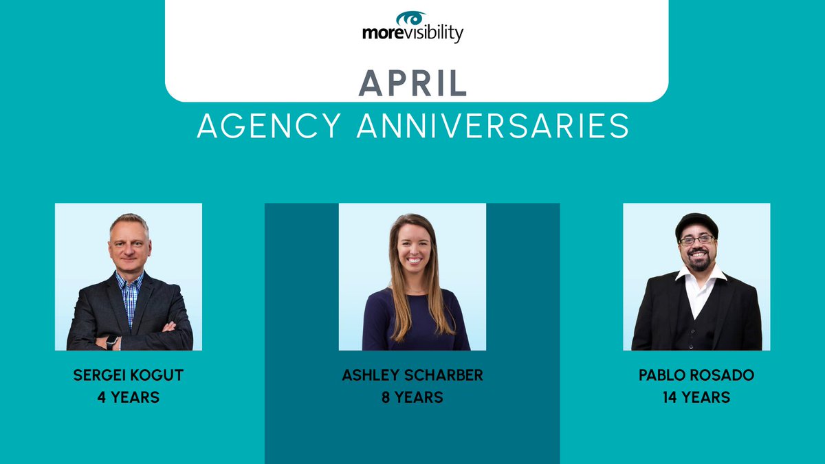 MoreVisibility's tweet photo. We had plenty to celebrate in April as we recognized some incredible team anniversaries last month!

We’re proud to highlight:
Sergei - 4 years
Ashley Scharber - 8 years
Pablo Rosado - 14 years

Thank you for your continued contributions to the MoreVisibility journey! https://t.co/TudqVW6tKl