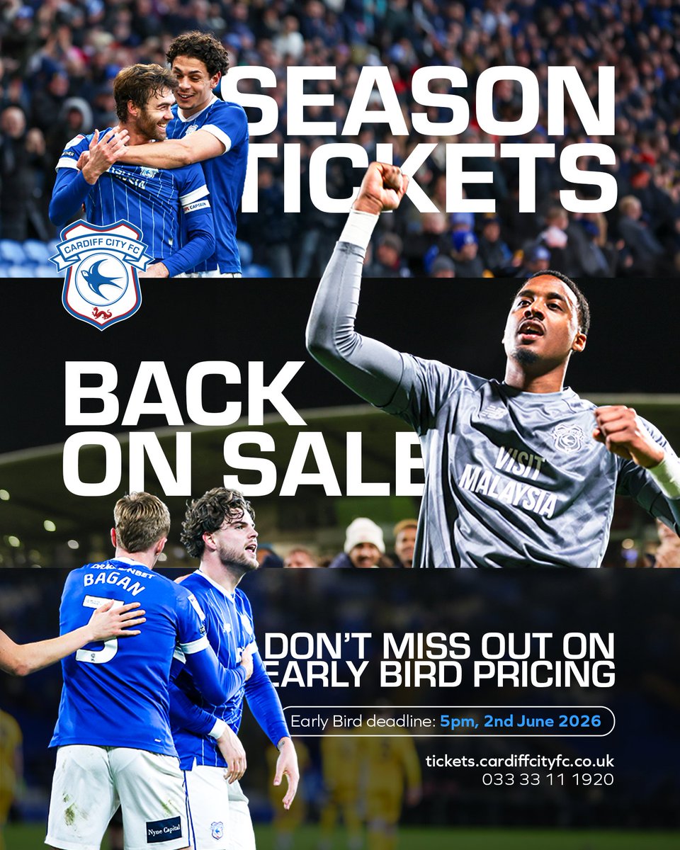 CardiffCityFC's tweet photo. Season Tickets are now back on sale at Early Bird prices! 🎟️

Join over 11,000 #Bluebirds who have already secured their seat for the 2026/27 campaign with a Season Ticket!

Book your spot today 👉 https://t.co/pju2l8yax1

#CityAsOne https://t.co/HiFB6gVjZz