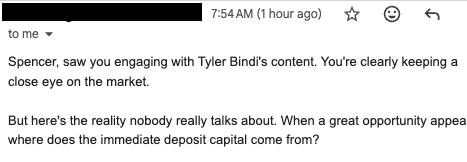 SChanBroker's tweet photo. @TripleNetTyler 
You're so popular that your being referenced for cold email campaigns. https://t.co/XWDX2MB3M3