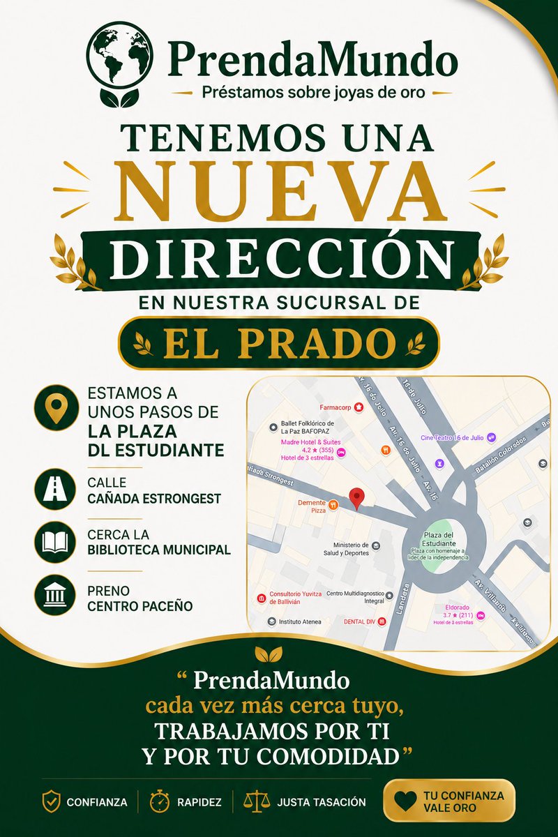 Prendamundo's tweet photo. ✨ ¡PrendaMundo sigue creciendo contigo!
Ahora estamos más cerca del corazón paceño para brindarte atención rápida, segura y con la confianza que mereces. 💚💰
📍 Nueva dirección "EL PRADO" cerca de la Plaza del Estudiante.
#prendamundo #prestamosobrejoyasdeoro #Bolivia #Prestamo https://t.co/xaRlfNXTRs