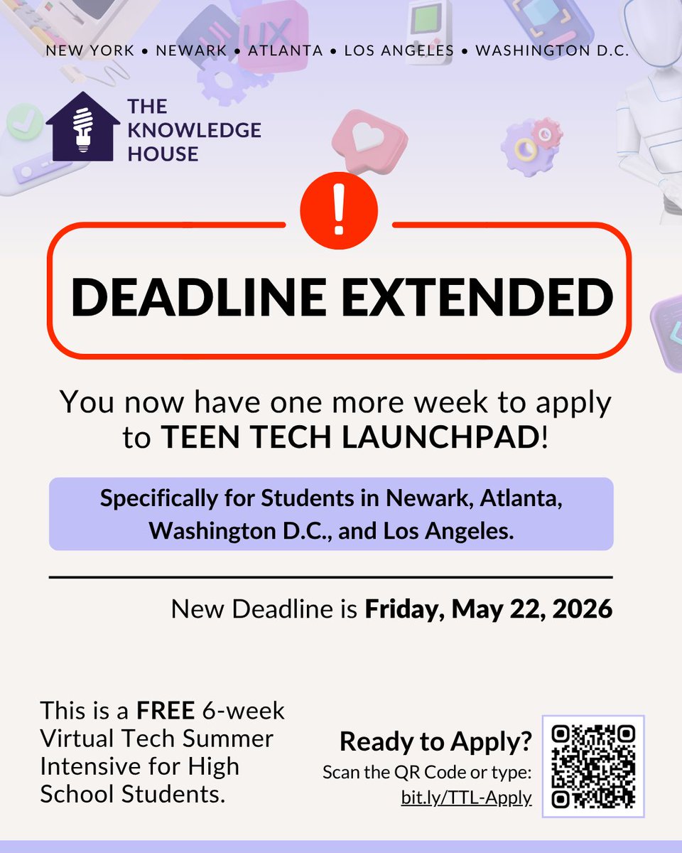 TheKnowledgeHou's tweet photo. 🚨 GOOD NEWS 🚨

Teen Tech Launchpad applications have been EXTENDED through May 22!

TTL is a FREE 6-week virtual summer tech program for high school students where students can explore:

💻 HTML + Python
🤖 AI + AI Ethics
🎨 Creative coding
No experience needed.
🔗 Apply now: https://t.co/uHaxRmAeAP

#TeenTechLaunchpad #TechForTeens #AIForStudents