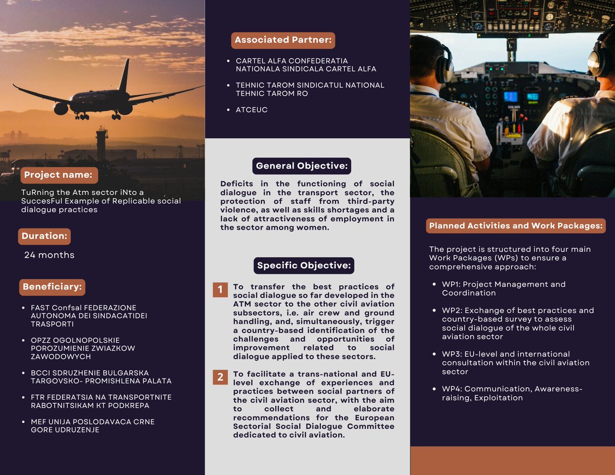 TransferTuRning's tweet photo. Introducing the TRANSFER Project: Transforming Social Dialogue in Civil Aviation ✈️🌍

We are thrilled to share the official brochure for the TRANSFER project. Over the next 24 months, this initiative will tackle critical deficits in the transport sector's social dialogue, https://t.co/nXicWH1aa3