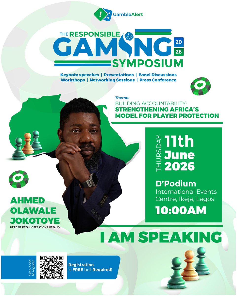 GambleAlert's tweet photo. The future of responsible gaming in Africa demands stronger accountability, and visionary leadership.

Speaking at the 2026 Responsible Gaming Symposium is Ahmed Olawale Jokotoye, contributing valuable insights on building a safer and more sustainable gaming ecosystem. https://t.co/nj2nV7clpJ