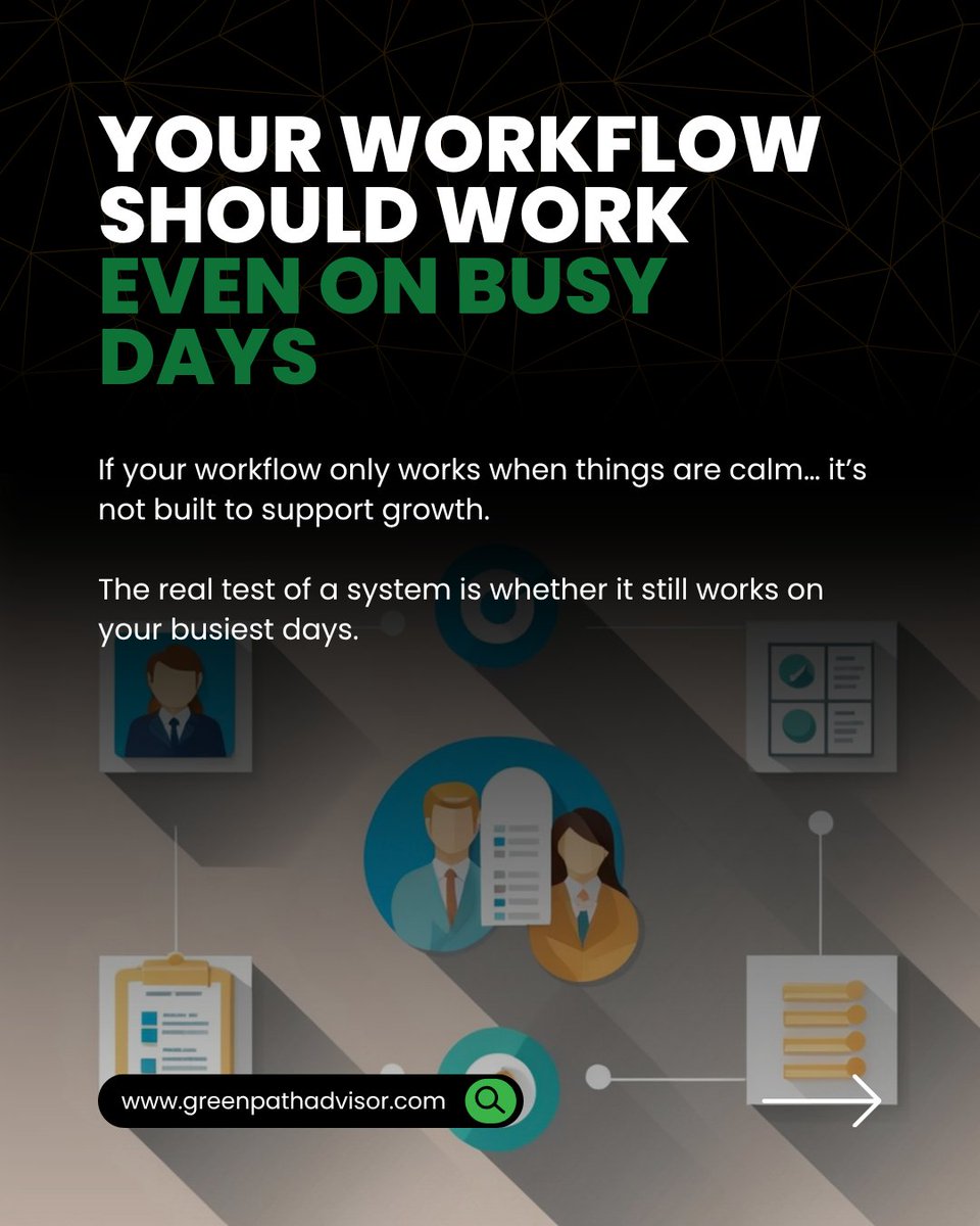 GreenpathVA's tweet photo. If your workflow only works on a good day, it’s probably costing you more than you realize.

Missed tasks, scattered priorities, and constant stress usually system problems.

The good news? Workflows don’t need to be complicated to be effective. The best ones are simple, repeatable, and supported by the right structure and people.

📩 If your business feels heavier than it should, it might be time to simplify the way you work. Let’s talk.

#BusinessSystems #ProductivityTips #GreenpathAdvisors