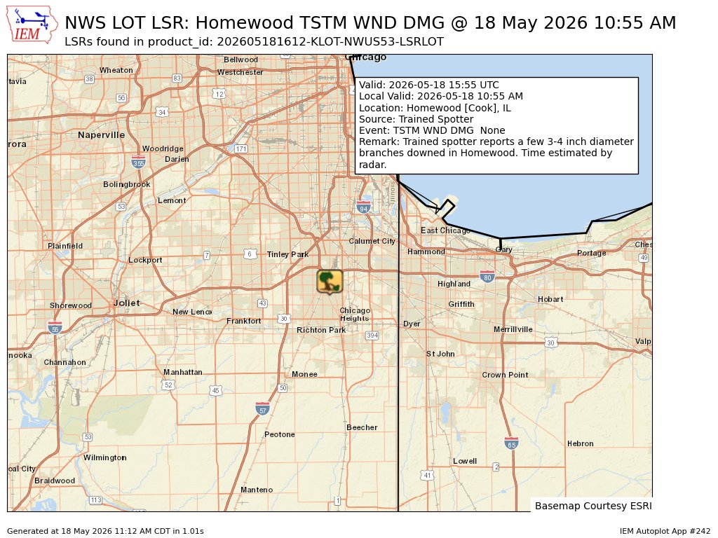 iembot_lot's tweet photo. At 10:55 AM CDT, Homewood [Cook Co, IL] Trained Spotter reports Tstm Wnd Dmg. Trained spotter reports a few 3-4 inch diameter branches downed in Homewood. Time estimated by radar. #ilwx https://t.co/VgKtEwa6GW https://t.co/ETQJ2Oa7hw