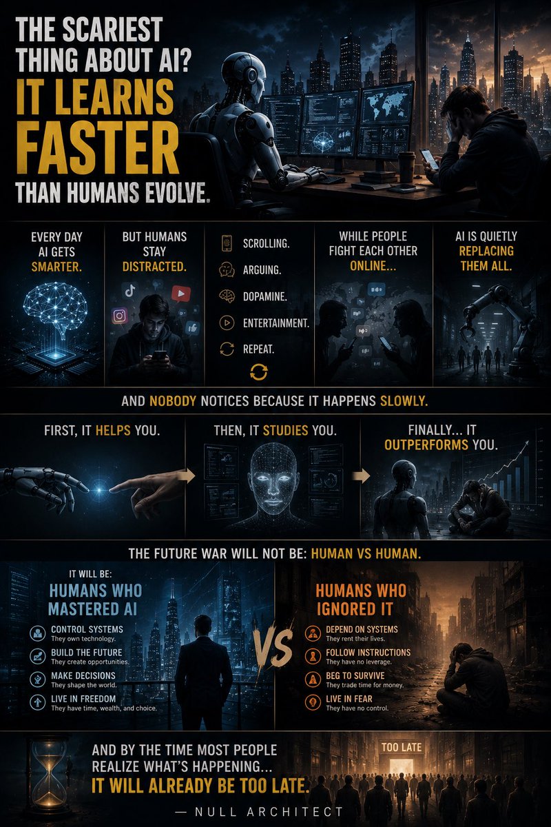 NullArchitect01's tweet photo. The scariest thing about AI?

It learns faster than humans evolve.

Every day AI gets smarter.
But humans stay distracted.

Scrolling.
Arguing.
Dopamine.
Entertainment.
Repeat.

While people fight each other online…
AI is quietly replacing them all.

And nobody notices because it happens slowly.

First, it helps you.
Then, it studies you.
Finally…
it outperforms you.

The future war will not be:
Human vs Human.

It will be:
Humans who mastered AI
vs
Humans who ignored it.

One side will control systems.
The other side will beg the system to survive.

And by the time most people realize what’s happening…

it will already be too late.

— Null Architect

#AI #ArtificialIntelligence #Future #Technology #Automation #FutureOfWork #Mindset #System #Humanity #NullArchitect #GegeeEmpire