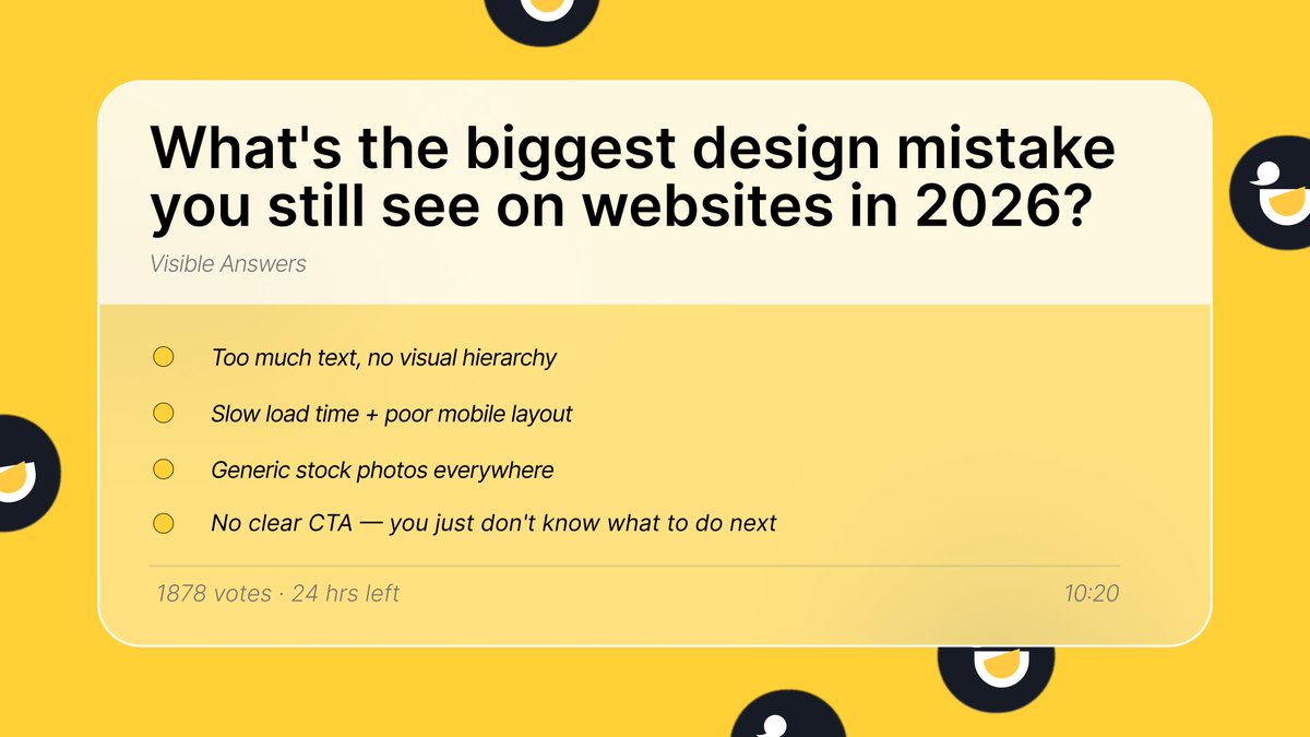 Duckdesignapp's tweet photo. Some websites in 2026 still feel like a punishment for opening them 💀

You click in and immediately get hit with: confusing layouts, endless text blocks, slow mobile pages, and absolutely no idea where to click next.

What’s the biggest design mistake you still see everywhere? https://t.co/wmeO1Rg6J9