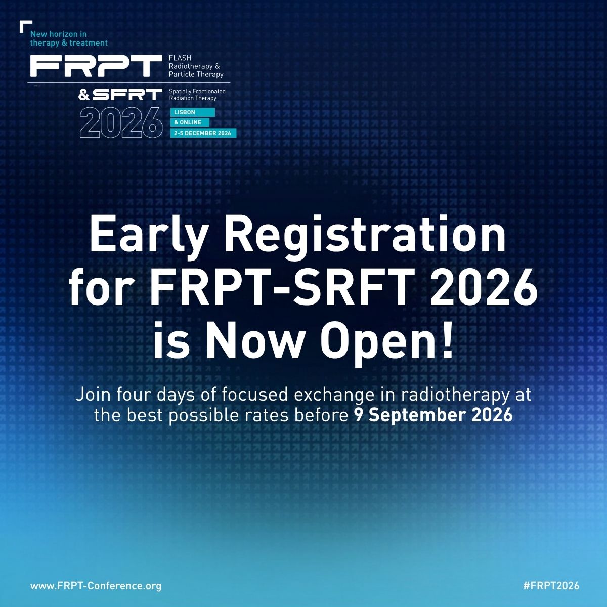 FlashRPT's tweet photo. Early registration is now open!

Secure your place before 9 September 2026 and join us in Lisbon for four days of focused exchange, clinical insight, and scientific progress.

🔗 https://t.co/s5IsYiXSSA

 #FRPT2026 #FLASHtherapy #SRFT https://t.co/hR4Ms3jJyl