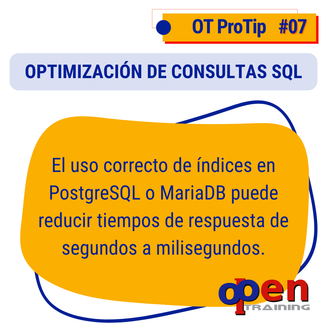 OpenTrainingGT's tweet photo. #OTProTip: ¿Su reporte tarda una eternidad en cargar? 📊 A veces no es el servidor, es la consulta. El uso correcto de índices en PostgreSQL o MariaDB puede reducir tiempos de respuesta de segundos a milisegundos. La eficiencia de sus datos es la eficiencia de su negocio. https://t.co/QI4EVfEaMw