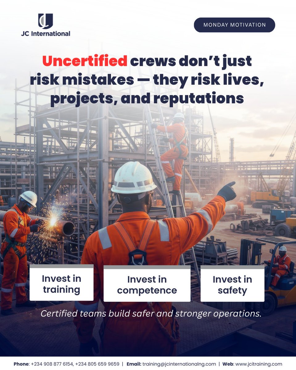 jcinterng's tweet photo. Uncertified crews increase the risk of accidents, downtime, poor decisions, and costly errors. The right training doesn’t just improve performance — it protects lives and projects.

Because certified teams build safer and stronger operations. 
#MondayMotivation #JCInternational https://t.co/p4QzsbZUcC