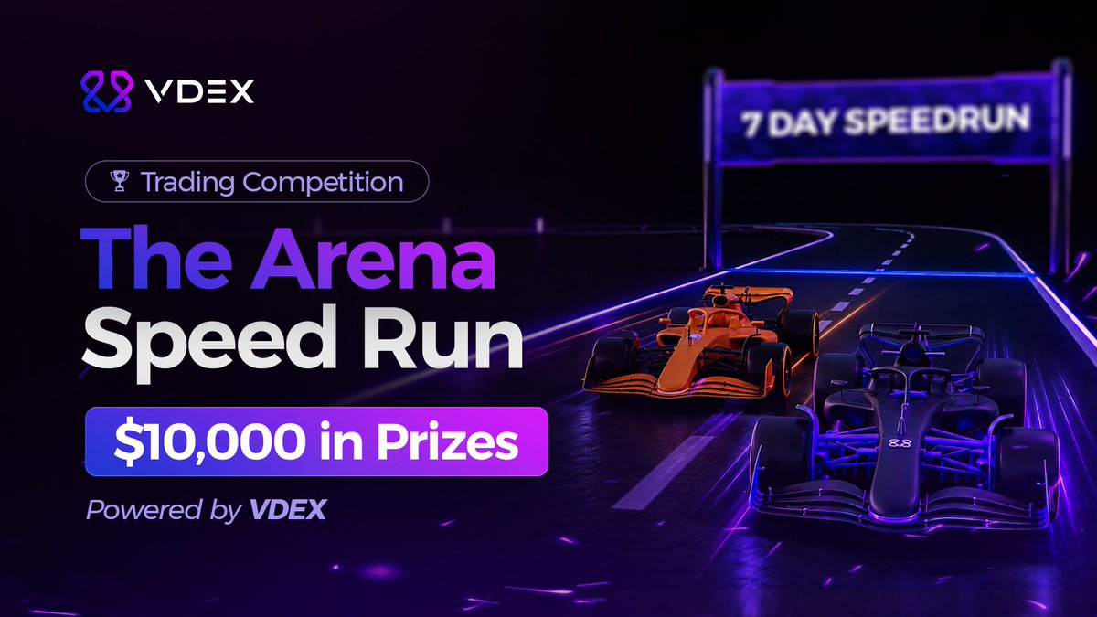 0xVDEX's tweet photo. Introducing Arena Speed Run, powered by VDEX .

7 days. One leaderboard. Trade on @TheArena or @0xVDEX , it all counts.

Top 5 traders by PnL and volume split $10,000 in cash and credits.

1st - $1,000 cash + $500 credits
2nd - $750 cash + $500 credits
3rd - $500 cash + $500 credits
4th - $125 cash + $500 credits
5th - $125 cash + $500 credits

Rules: 10 trades minimum. $20K combined volume minimum.