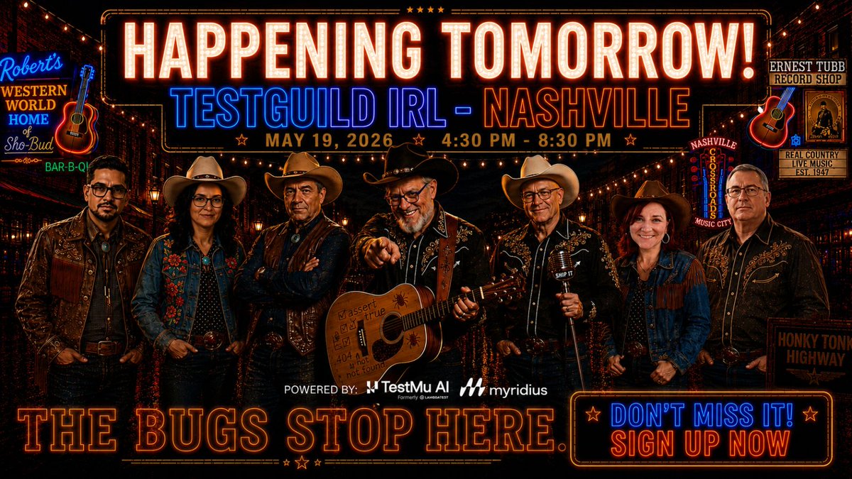 testguilds's tweet photo. Happening tomorrow 🤠🎸 #TestGuildIRL Nashville brings real #SoftwareTesting insights, #AI strategies, and workflows that help you move faster without losing quality, all in one focused room. Only 100 spots available 👉 https://t.co/YWvRzKBuga #QA #AITesting @testmuai @GregPaskal https://t.co/7ZaQw2F4t7