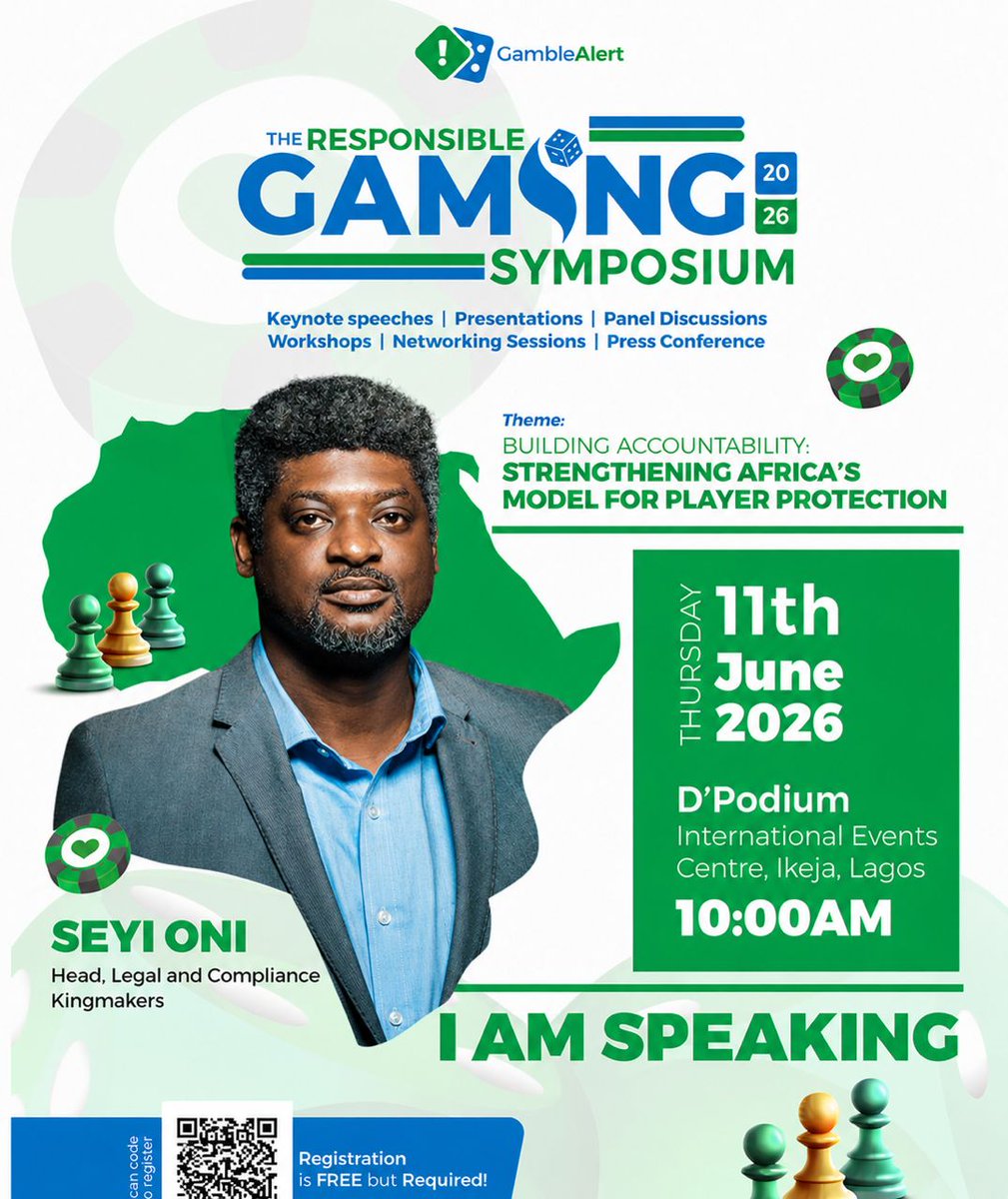 GambleAlert's tweet photo. Seyi Oni is taking the stage at the Responsible Gaming Symposium 2026.

As Head, Legal &amp; Compliance at Kingmakers, he brings critical insight to the conversation on player protection and accountability in Africa’s gaming industry.

•June 11, 2026

•D’Podium, Ikeja, Lagos https://t.co/itmLObG58d