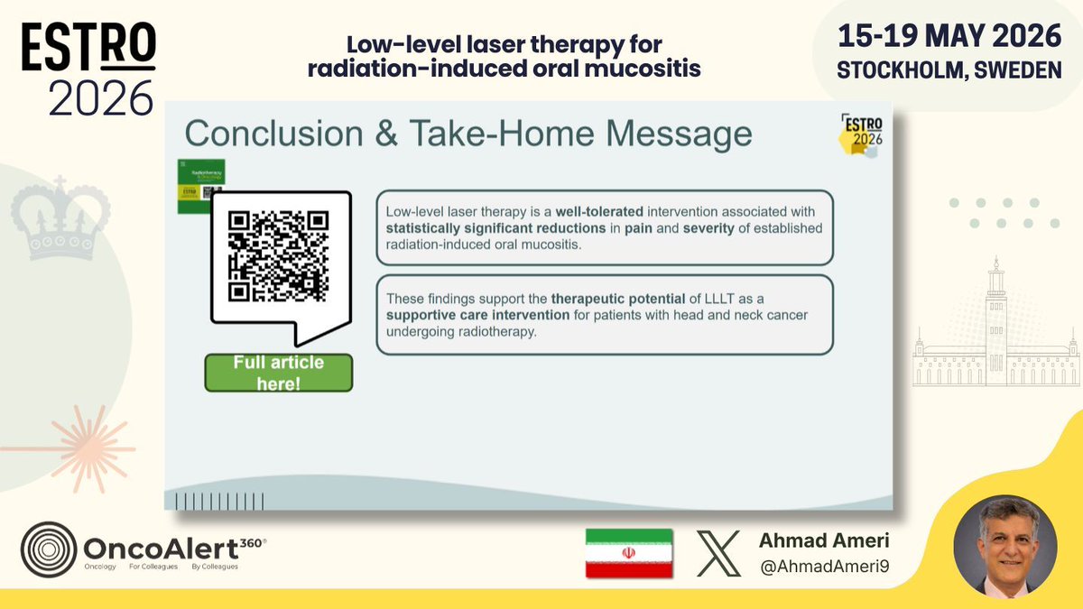 OncoAlert's tweet photo. Day FOUR of #ESTRO26 Coverage by OncoAlert 🚨 
Low-level laser therapy for radiation-induced oral mucositis: a prospective clinical trial (IRCT20191107045357N2) Presented by Ahmad Ameri 🇮🇷 @AhmadAmeri9 
#RadOnc ☢️

Low-level laser therapy (LLLT) was evaluated in a prospective double-blind trial for radiation-induced oral mucositis in head and neck cancer. In 53 patients with paired lesions, LLLT significantly reduced pain and severity from week one and week three versus sham treatment, respectively. Healing rates were higher (52.4% vs 11.9%). No adverse effects occurred. LLLT appears to be an effective supportive care option for reducing mucositis burden. 

@ESTRO_RT
@yasemin09896924
@LindaMrissa
@christian_roenn
@Valeriadionisi
@gerryhanna
@clchiang_hk
@mtugceyilmaz
@B_Tomasik
@gmpetrianni
@CiroFranzese1
@Atem84
@piet_ost
@brachyexpert
@BlanceS90
@The_PT_Explorer
@BarbaraJereczek
@Mat_Guc
@ZilliThomas
@AnnaKirby17
@PBlanchardMD
@achoud72

Pinging OA faculty
@MKnoll_MD
@_ShankarSiva
@Icro_Meattini
@seanmmcbride
@NiuSanford
@nataliagandur
@acampsmalea
@to_be_elizabeth