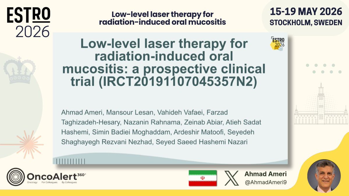 OncoAlert's tweet photo. Day FOUR of #ESTRO26 Coverage by OncoAlert 🚨 
Low-level laser therapy for radiation-induced oral mucositis: a prospective clinical trial (IRCT20191107045357N2) Presented by Ahmad Ameri 🇮🇷 @AhmadAmeri9 
#RadOnc ☢️

Low-level laser therapy (LLLT) was evaluated in a prospective double-blind trial for radiation-induced oral mucositis in head and neck cancer. In 53 patients with paired lesions, LLLT significantly reduced pain and severity from week one and week three versus sham treatment, respectively. Healing rates were higher (52.4% vs 11.9%). No adverse effects occurred. LLLT appears to be an effective supportive care option for reducing mucositis burden. 

@ESTRO_RT
@yasemin09896924
@LindaMrissa
@christian_roenn
@Valeriadionisi
@gerryhanna
@clchiang_hk
@mtugceyilmaz
@B_Tomasik
@gmpetrianni
@CiroFranzese1
@Atem84
@piet_ost
@brachyexpert
@BlanceS90
@The_PT_Explorer
@BarbaraJereczek
@Mat_Guc
@ZilliThomas
@AnnaKirby17
@PBlanchardMD
@achoud72

Pinging OA faculty
@MKnoll_MD
@_ShankarSiva
@Icro_Meattini
@seanmmcbride
@NiuSanford
@nataliagandur
@acampsmalea
@to_be_elizabeth