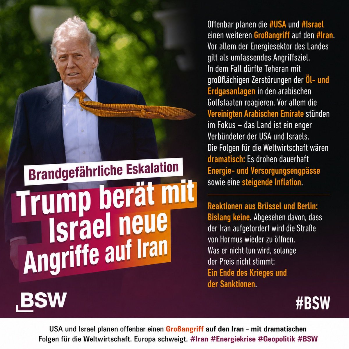LuedersMichael's tweet photo. USA und Israel planen offenbar einen Großangriff auf den Iran – mit dramatischen Folgen für Energieversorgung, Inflation und die Weltwirtschaft. Europa schweigt. #Iran #Israel #USA #Energiekrise #Geopolitik #BSW https://t.co/5xDolelB4N