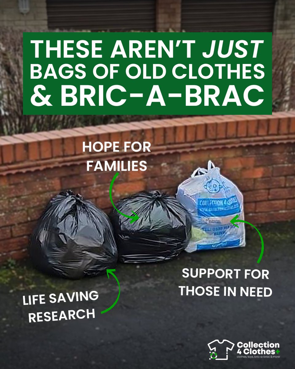 Collection4C's tweet photo. These are more than just bags of clutter! Look closer 👇

💚 Funding for charity partners
🏠 Support for families and communities
🔬 Help towards vital research

So before you throw it away, ask yourself: Could this do more good somewhere else?

https://t.co/7TBdnRtM3Z https://t.co/HwUZBJBfVa
