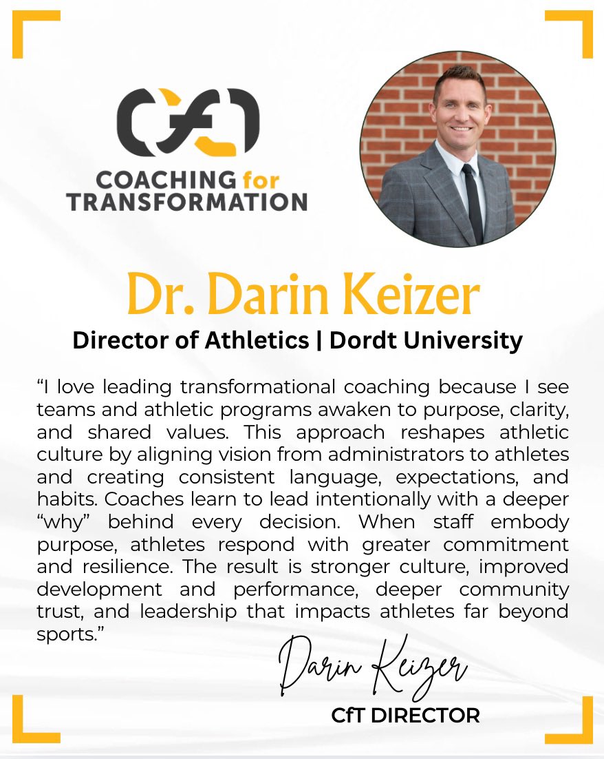CfTCACE's tweet photo. Meet the Team MONDAY 🙌🏽

Meet @darinkeizer - #CfT Director 

Serving in Athletic Administration since 2010 (HS &amp; College).  Darin is the current AD at @dordtdefenders.  He is passionate about inspiring and training up leaders. 

WHO WE ARE: 
 https://t.co/0aMCtBC6SR https://t.co/SH04JM3PrD