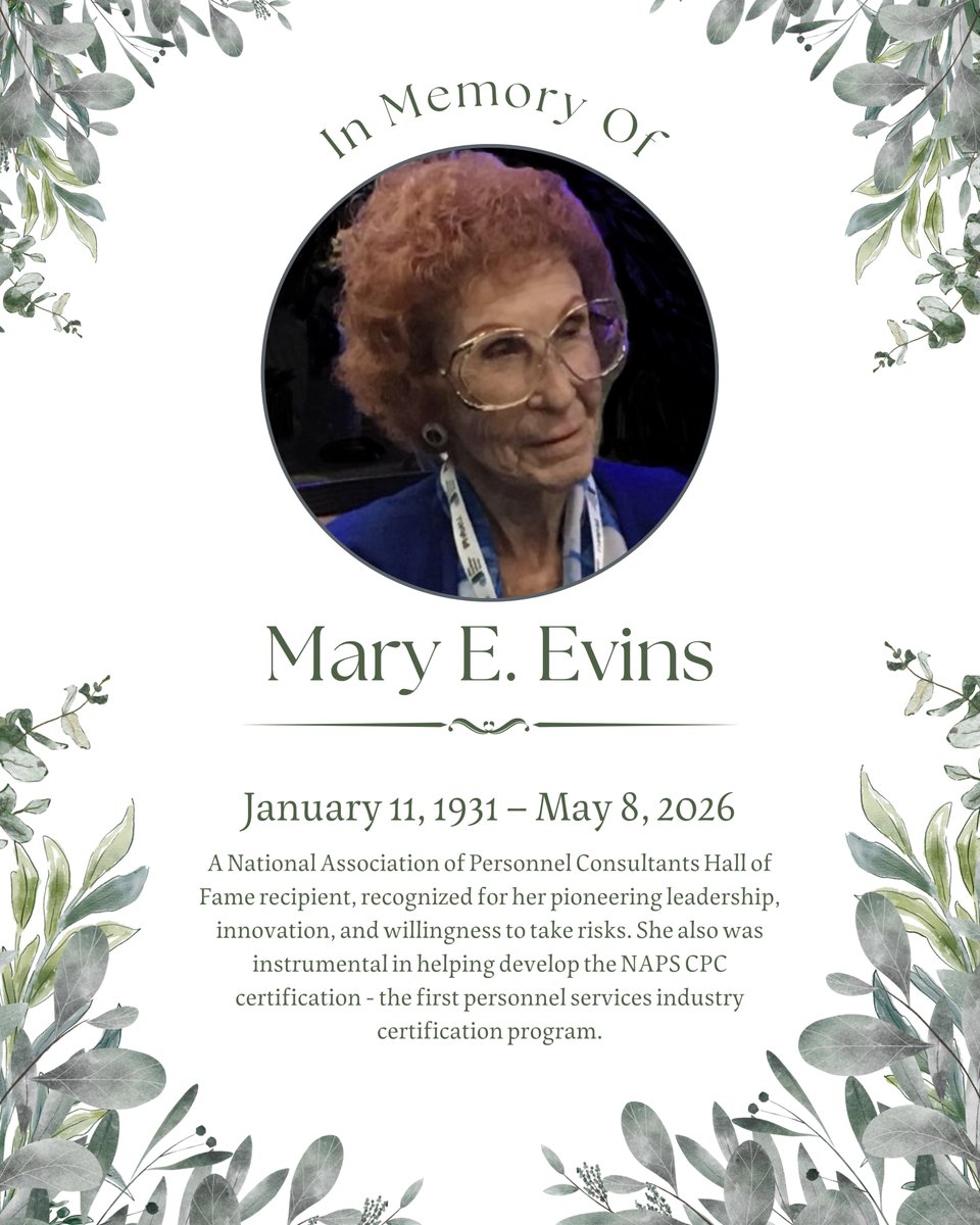 NAPS360's tweet photo. We are saddened to share the passing of Mary E. Evins, a true pioneer of the recruiting industry and a cherished member of the NAPS family.

For Mary's full obituary, please visit: https://t.co/2fS0JUCbOG https://t.co/pbXlIp6Jl2