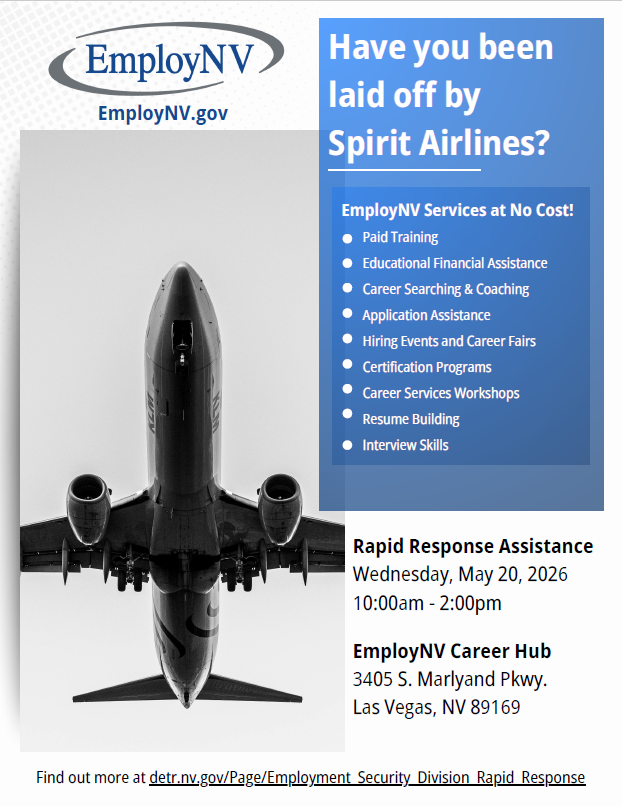 VRNevada's tweet photo. If you or someone you know has been impacted by the recent Spirit Airlines layoffs - EmployNV is here to help! Their team is ready to provide guidance, resources, and support.

📅 Wednesday, May 20, 10am-2pm
📍  3405 S. Marlyand Pkwy., Las Vegas, NV 89169
https://t.co/3iHXBFkySO https://t.co/0hqpYPaZjl