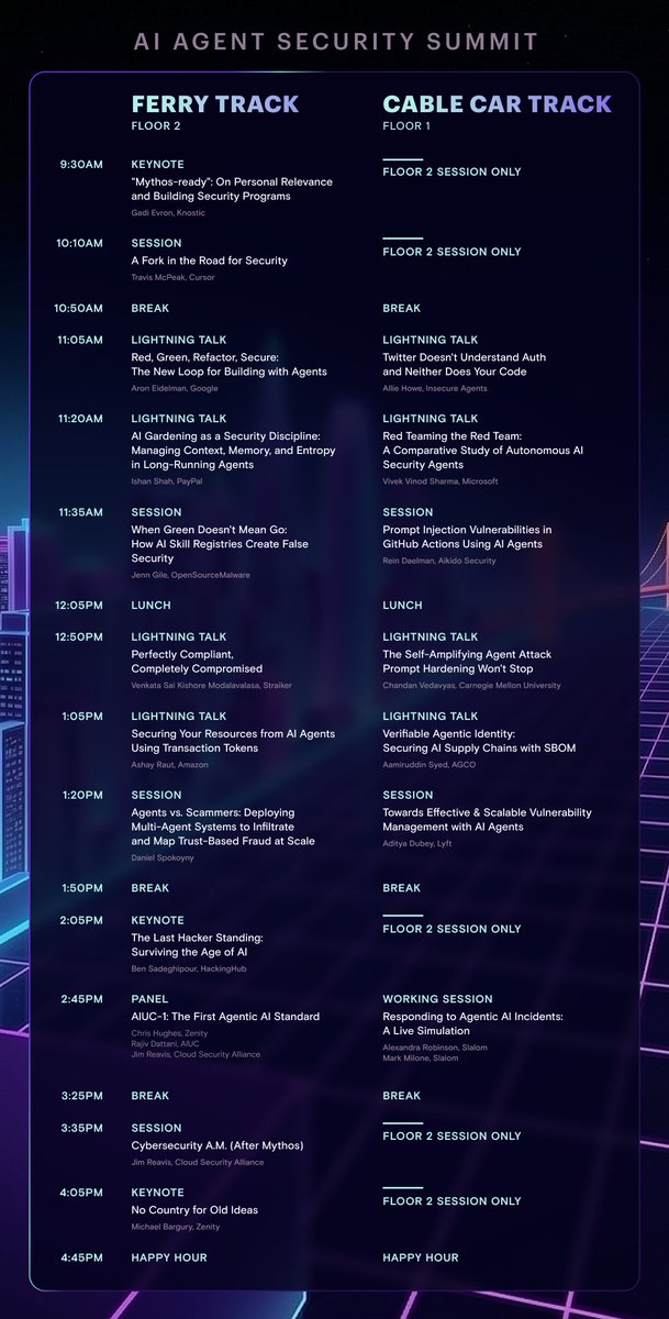 zenitysec's tweet photo. The AI Agent Security Summit agenda has arrived. 🌉

Prompt injection. Runtime defense. Agent attacks. AI supply chain security. ⚡

The conversations shaping the future of agentic security start here. 🚨

🔗 https://t.co/d5DcyIMXBX 
#AIAgentSecuritySummit #LeagueAssembles https://t.co/wjkdsODj9P