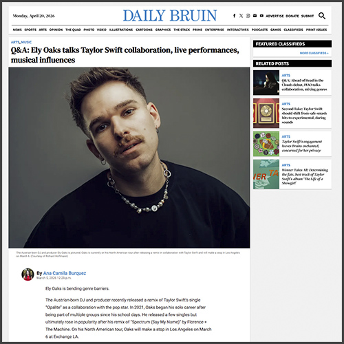 beunfolded's tweet photo. .@OaksEly  talks @taylorswift13  remix, live performances, musical influences @dailybruin  https://t.co/mFeMUj8tp5 https://t.co/zvYE9rWX2y