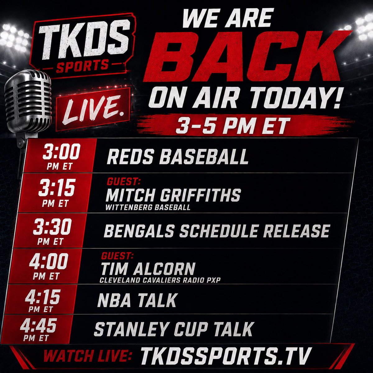 SportsNowShow's tweet photo. Sports Now is back on air! 

Guests today include Mitch Griffiths at 3:15, &amp; Tim Alcorn at 4! 

Watch live from 3-5 PM ET at https://t.co/YoKI71489j
#sports https://t.co/t1Yw5RhfFi