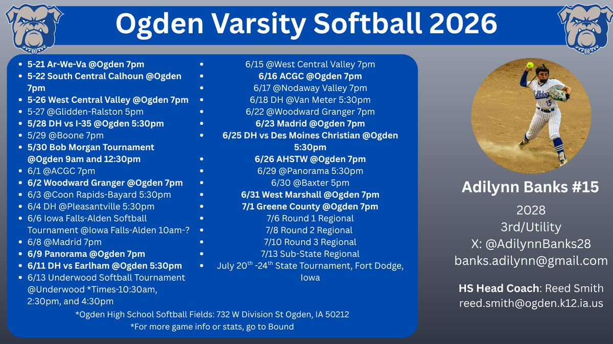 AdilynnBanks28's tweet photo. After months of rehab, hard work, and patience, I’m officially cleared to return from ACL surgery! Thankful for everyone who helped me through the process. Ready for my sophomore season this summer and excited to compete again! 

My high school softball schedule is below! Hope to see you there⬇️

@Ogden_Bulldogs @USAPrime_C_Iowa @CoachDailyNCSA @IAsoftball_ @PrepSoftball @NCSA_Softball @ncsa