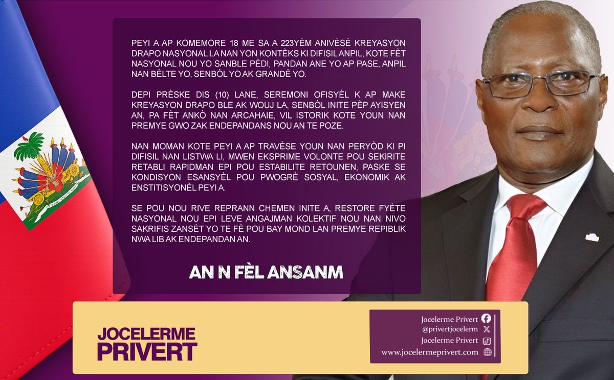 jocelermprivert's tweet photo. Peyi a ap komemore 18 me sa a 223yèm anivèsè kreyasyon drapo nasyonal la nan yon kontèks ki difisil anpil, kote fèt nasyonal nou yo sanble pèdi, pandan ane yo ap pase, anpil nan bèlte yo, senbòl yo ak grandè yo. https://t.co/i1cxG918rl