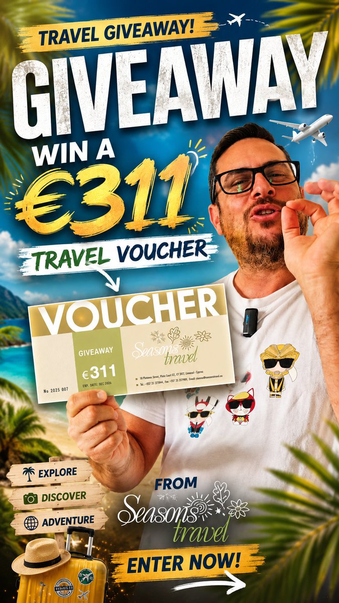 EdmondHawila's tweet photo. Travel Voucher €311 από το SeasonsTravel - Mόνο Λεμεσιανοί!

1. Follow me - Instagram ή Facebook.
2. Δείτε τα 2 βίντεο - Γνωρίστε με Part 1/Part 2.
3. Tag 2 φίλους/ες σας σε σχόλιο και γράψετε κάτι που μάθατε για μένα από τα 2 βίντεο.
4. Share to story

Καλή Τύχη και Καλή Ψήφο! https://t.co/HvUQTk1AkO