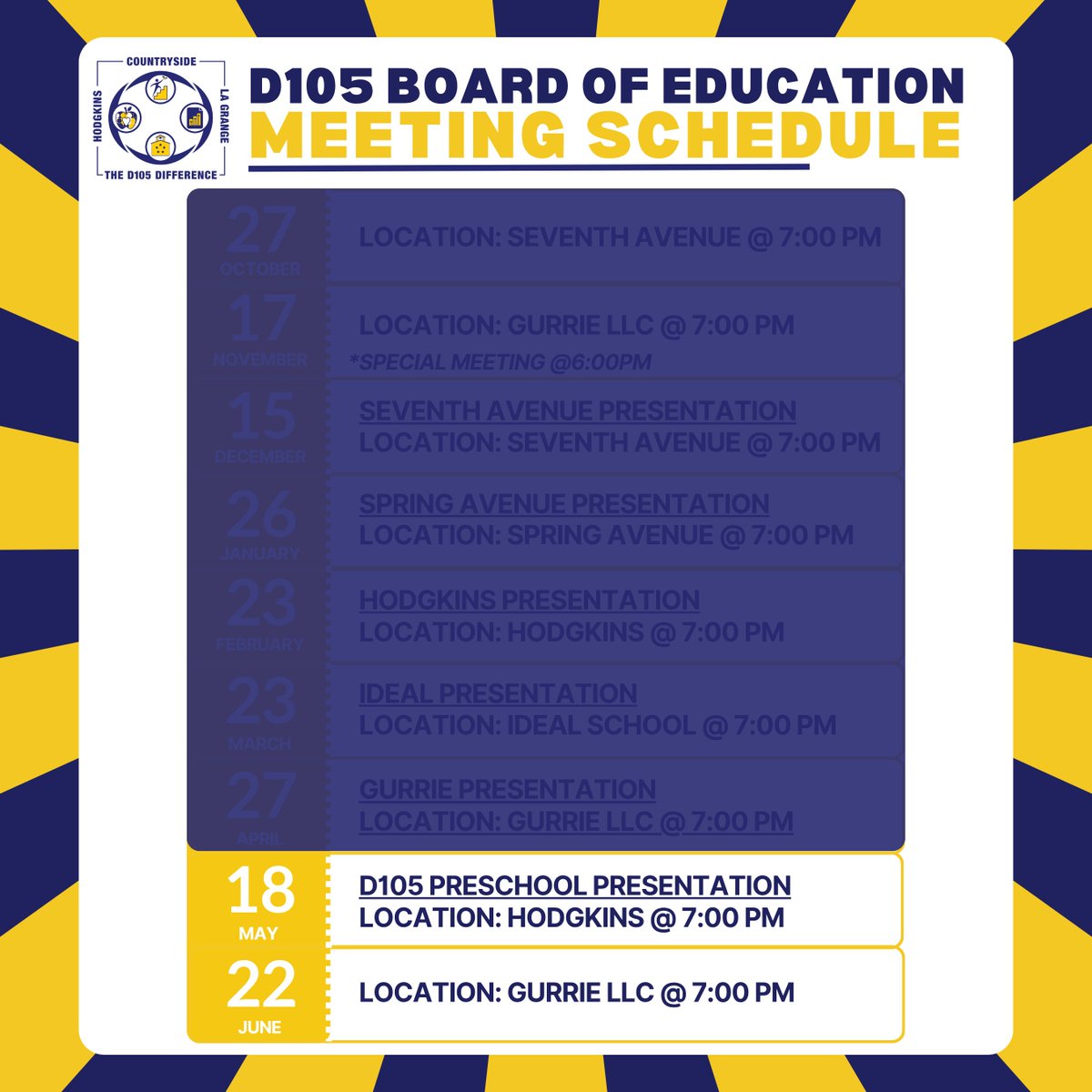 dist105's tweet photo. Join us tonight for the May D105 Board of Education Meeting featuring a presentation from our Preschool program! The meeting will begin at 7:00 pm in the Hodgkins LLC. https://t.co/ipevKfT5QB