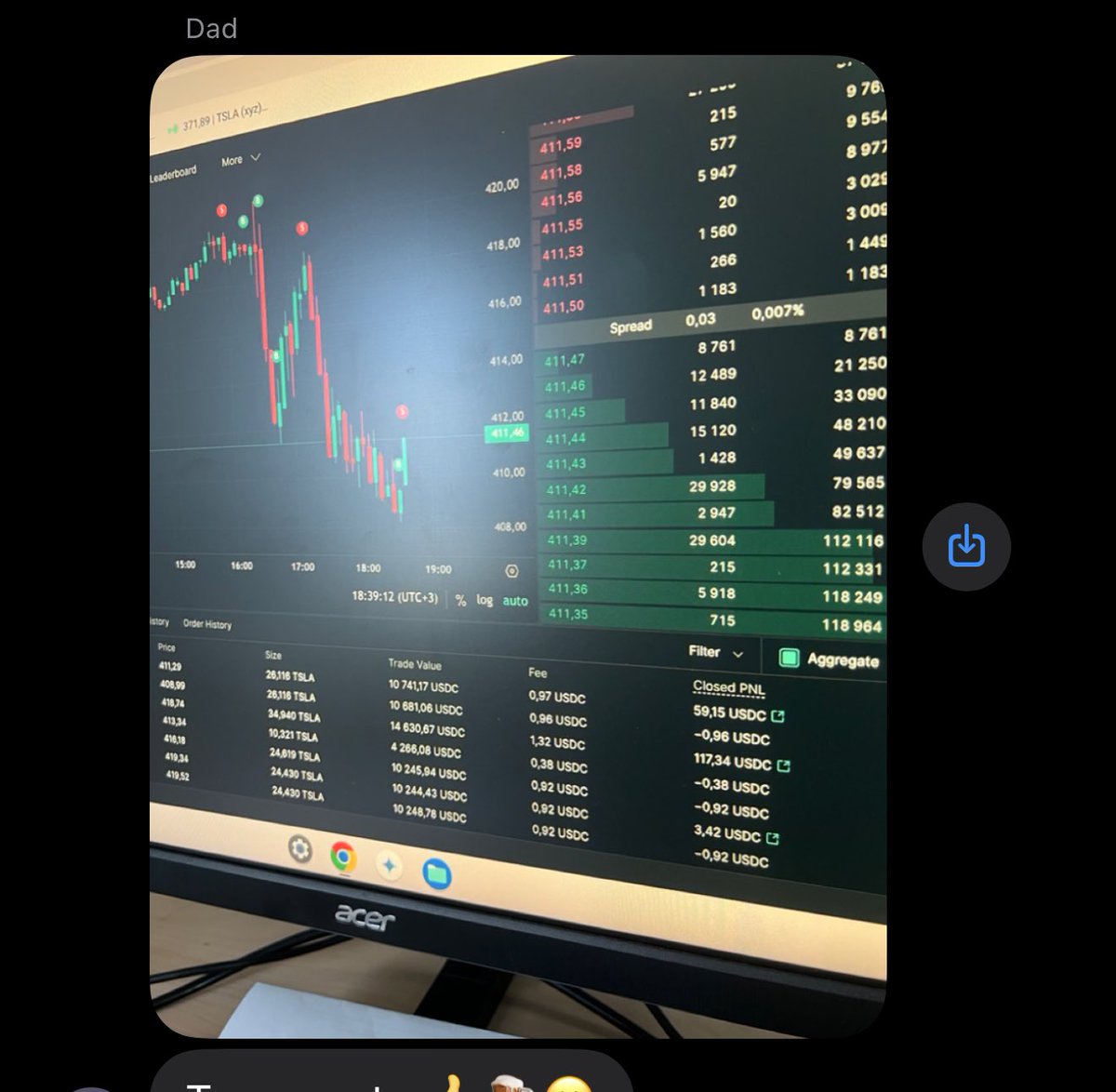 coincarver's tweet photo. My retired dad has now sent me multiple screenshots of him trading on Hyperliquid using XYZ tradfi markets instead of his IBKR. 

He has tiny size but still cool to see him set it all up himself without my help and according to him the UI for him is super easy on his laptop. https://t.co/zoINtCuHaX