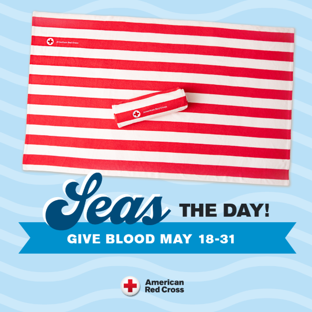 RedCrossMA's tweet photo. Kick off summer with a lifesaving vibe! Come to give blood or platelets May 18-31 and score an exclusive Red Cross beach towel to take to every pool, lake &amp; beach hangout — while they last. Make your appointment now: https://t.co/W0Mko1eSQb https://t.co/IPTFrtkcMF