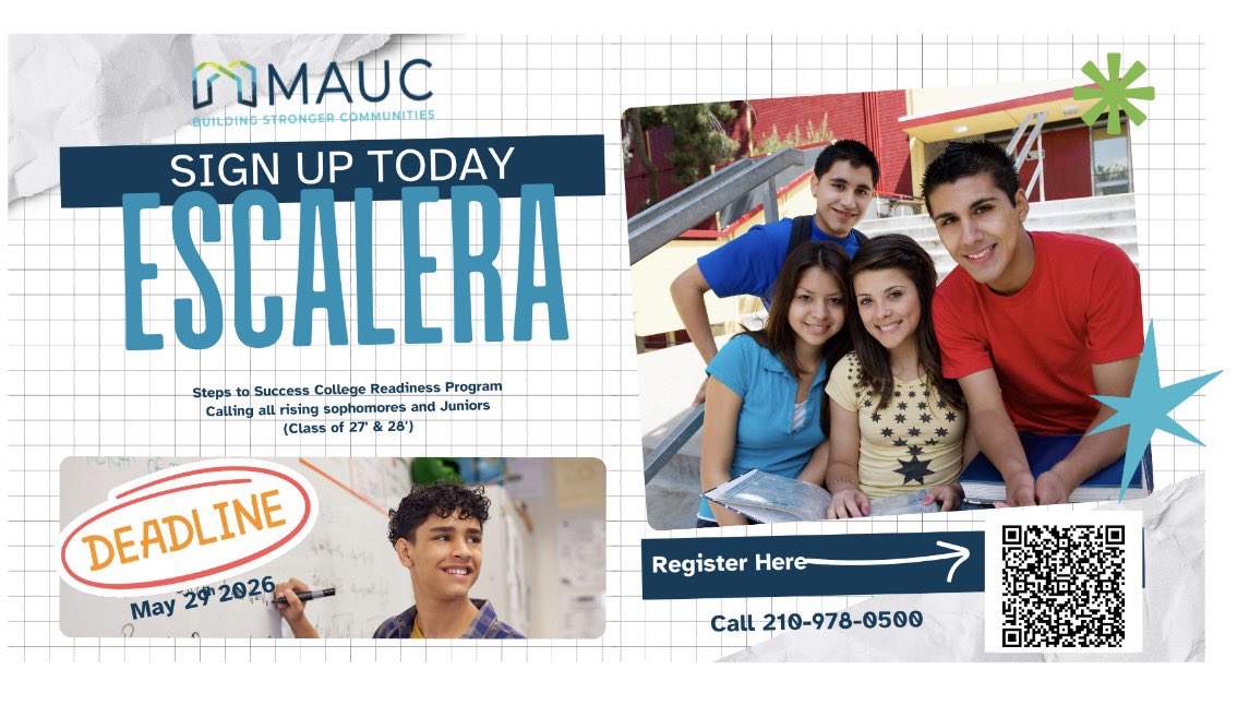 EISDFE's tweet photo. 🎓 ESCALERA Registration is Open!

Calling all rising sophomores &amp; juniors (Class of ’27 &amp; ’28)! 🚀
Join MAUC’s Steps to Success College Readiness Program.

🗓 Deadline: May 29, 2026
📲 Scan the QR code to register
📞 210-978-0500 @EISDofSA https://t.co/gzUJVsy8uQ
