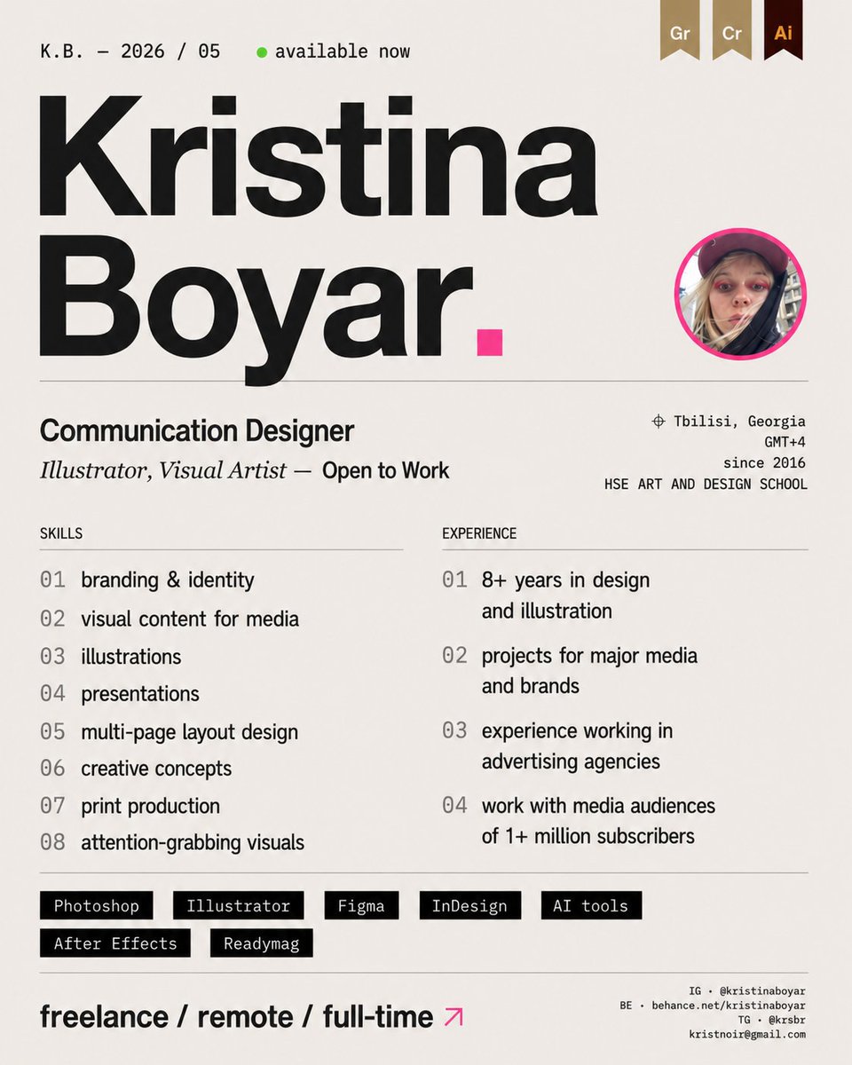 kristinaboyar's tweet photo. друзья! репостните пж

меня зовут Кристина и я коммуникационный дизайнер. ищу работу или заказы! умею делать все что связано с визуалом: 
брендинг, печатную продукцию, книги, шрифты, анимацию/ моушен, инфографику, иллюстрацию/ стикеры, дизайн для медиа и соцсетей🙏 https://t.co/906RSSVUlN