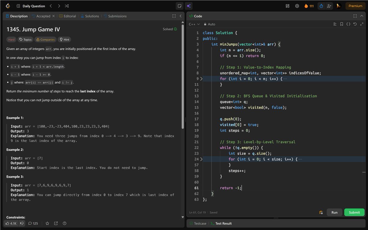 PankajB42550's tweet photo. ๐ Solved: Jump Game IV (@LeetCode Daily)
BFS with three jump types: i+1, i-1, and all indices with same value. Key optimization: clear sameโvalue index list after first use to avoid O(nยฒ).
โ O(n) | O(n)
๐ฅ #Day111/100
#DSA #BFS #Graph #Optimization #JumpGame #DSA26 #DAY111 https://t.co/JV5aTShTxs