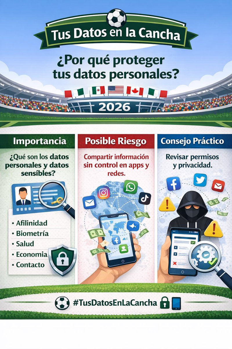 SthephMm's tweet photo. 🔐 Tus datos también juegan en el Mundial 2026. 🇲🇽⚽️

La protección de datos personales ya no es opcional; es una herramienta de seguridad, confianza y prevención digital.

#TusDatosEnLaCancha #ProtecciónDeDatos #DerechosDigitales #Privacidad #Ciberseguridad #Mundial2026 https://t.co/9wIRCSGMo5