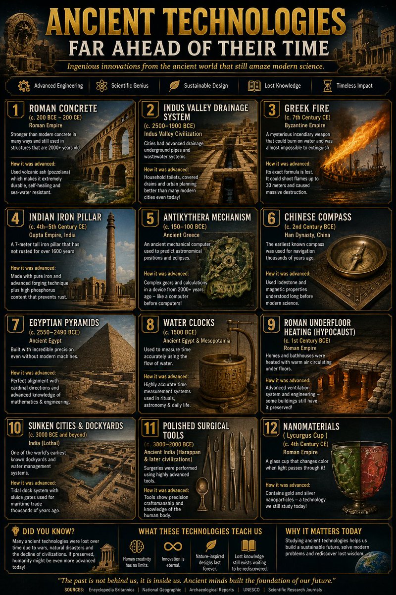 Real_Trendva's tweet photo. 🏛️ Ancient civilizations built technologies so advanced that some still confuse scientists and engineers today.

Long before modern computers, steel factories or smart cities… humanity was already experimenting with innovation far ahead of its time. 🌍⚙️

📊 Ancient Technologies Far Ahead Of Their Time

1️⃣ Roman Concrete ����🇹
📍 Roman Empire
🛠️ Some Roman structures still stand after 2,000 years
• Used volcanic ash (pozzolana)
• Extremely durable & seawater resistant

2️⃣ Indus Valley Drainage System 🇮🇳
📍 Ancient India
🛠️ Advanced urban planning (2500–1900 BCE)
• Covered drains
• household sanitation
• organized city layouts

3️⃣ Greek Fire 🇬🇷
📍 Byzantine Empire
🛠️ Mysterious weapon that reportedly burned even on water
• Formula still debated today

4️⃣ Indian Iron Pillar 🇮🇳
📍 Delhi, India
🛠️ 1,600+ years old with minimal rusting
• Advanced metallurgy techniques

5️⃣ Antikythera Mechanism 🇬🇷
📍 Ancient Greece
🛠️ Often called the world’s first analog computer
• Predicted astronomical movements & eclipses

6️⃣ Chinese Compass 🇨🇳
📍 Han Dynasty China
🛠️ Revolutionized navigation & global exploration

7️⃣ Egyptian Pyramids 🇪🇬
📍 Ancient Egypt
🛠️ Built with astonishing precision thousands of years ago
• aligned closely with cardinal directions

8️⃣ Water Clocks
📍 Egypt & Mesopotamia
🛠️ Ancient time-measuring systems using water flow

9️⃣ Roman Hypocaust Heating System 🇮🇹
📍 Roman Empire
🛠️ Early underfloor heating technology

🔟 Ancient Indian Dockyards 🇮🇳
📍 Lothal Civilization
🛠️ One of the world’s earliest known dockyard systems for maritime trade

1️⃣1️⃣ Ancient Surgical Tools 🇮🇳
📍 Ancient India
🛠️ Detailed surgical practices documented in Sushruta Samhita

1️⃣2️⃣ Lycurgus Cup (Nanotechnology Effect) 🇮🇹
📍 Roman Empire
🛠️ Changes color under different lighting due to microscopic metal particles

📌 Why these technologies matter: • They shaped engineering & science
• Inspired modern innovation
• Proved ancient civilizations were highly advanced for their time

🌍 Many modern technologies have roots in ideas developed thousands of years ago.

The past wasn’t primitive.

It was innovative in ways we are still rediscovering today. ⚙️

Sources: • Encyclopedia Britannica
• UNESCO
• National Geographic
• Archaeological research journals
• Scientific historical studies