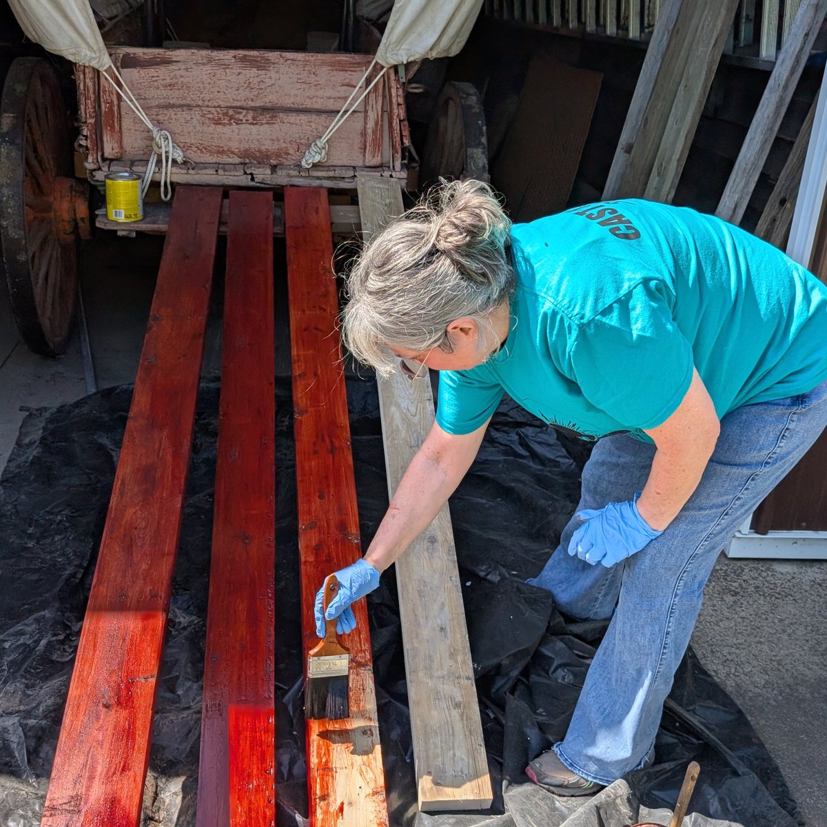 WilderPageant's tweet photo. Saturday workday at the Walnut Grove Laura Ingalls Wilder Pageant. Steve, Bill and Rick installed the sink in the women's restroom. Rick and Bill cleared grapevines from the waterway. Lori cleaned the frame to be painted for the new set.  Rick and Lori stained fence boards. https://t.co/Sxoi8tEOFa