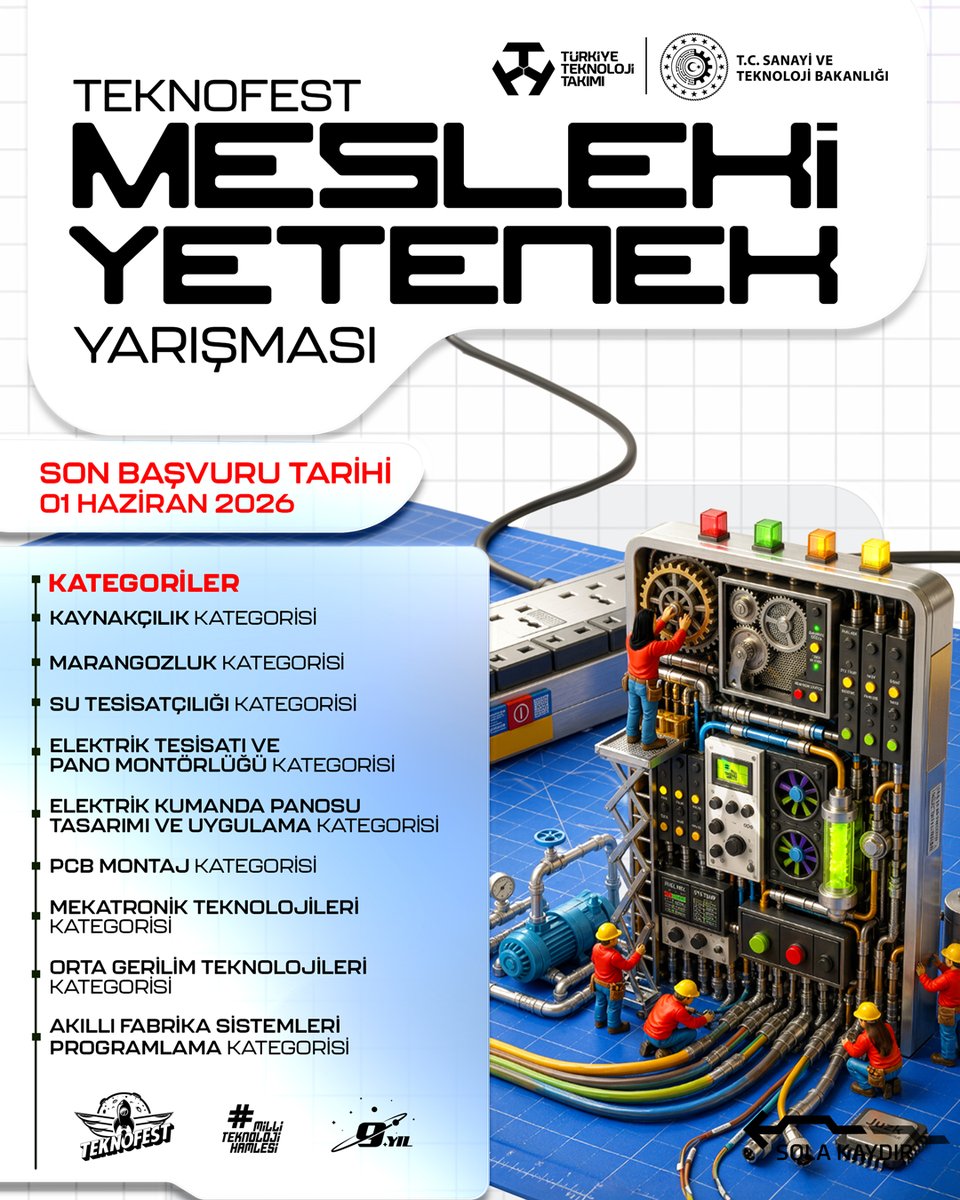 Diyarbakirmem's tweet photo. ● #TEKNOFEST Mesleki Yetenek Yarışması 🔧⚙️

Genç yetenekler ve usta eller, kendi kategorilerinde maharetlerini sergiliyor.

Mesleki gücünü sahaya taşımak için hemen başvur! 🚀

➤ Son Başvuru: 1 Haziran’26
➤ Detaylı Bilgi: https://t.co/sm3dGmaAB9

@tcmeb @TCSanayi 
@Yusuf__Tekin @sadoglu_salih