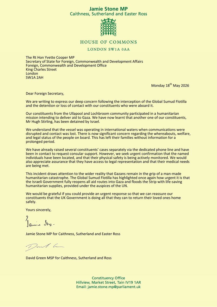 Jamie4North's tweet photo. @DavidGreen4CSR and I have written to the Foreign Secretary seeking urgent reassurance that the UK Government is doing all it can to ensure those intercepted on the Gaza Flotilla return home safely. 

The safety and wellbeing of our constituents will always be our first priority. https://t.co/upoHjmZCYr