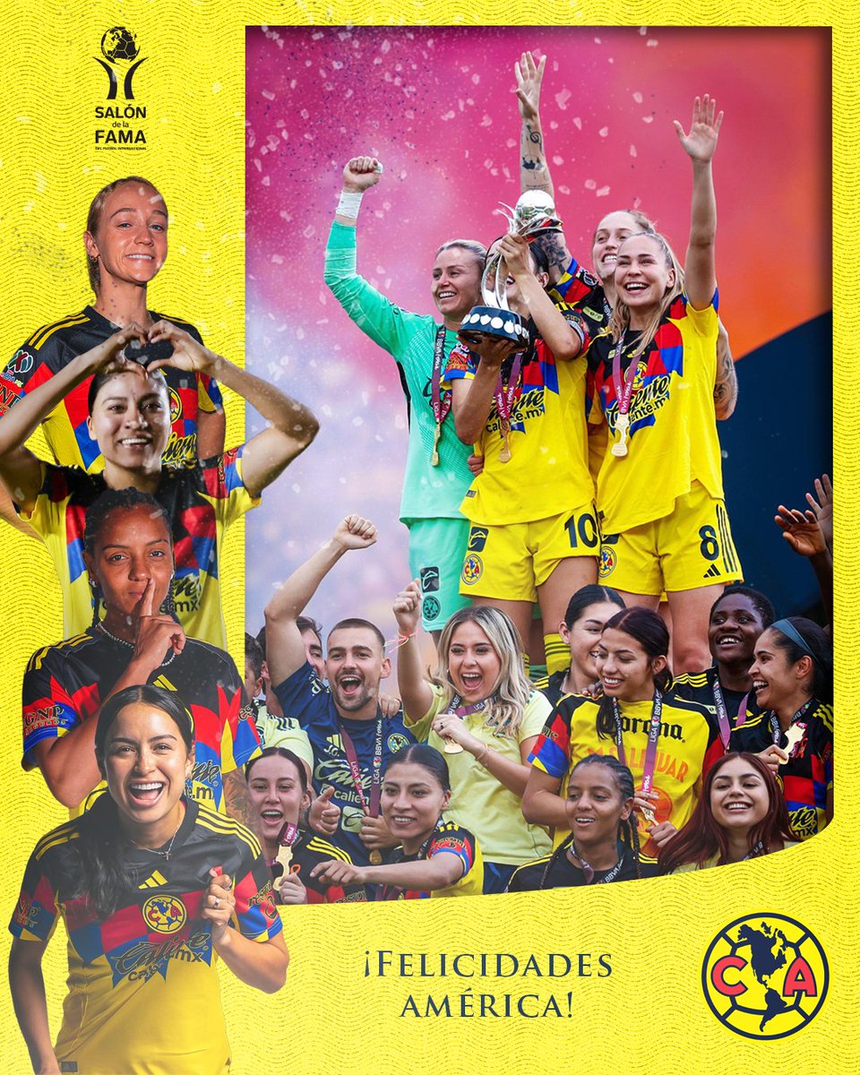 famasalon's tweet photo. 🦅🟡 El Salón de la Fama del Futbol Internacional reconoce y felicita al @AmericaFemenil por conquistar el título del Clausura 2026 de la Liga BBVA MX Femenil 🏆⭐⭐⭐

¡Enhorabuena por este gran logro! 👏🏻