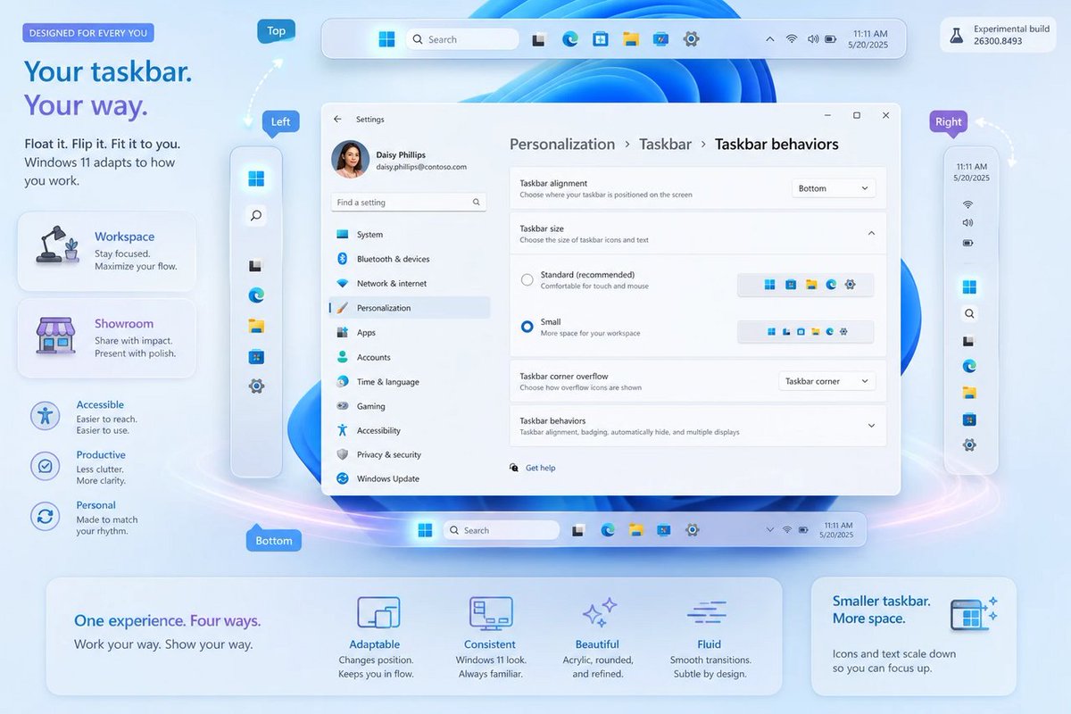 windowsforum's tweet photo. 🪟 Windows 11 taskbar finally moves (top/left/right)! Took them 5 years and an Insider build—classic. This matters because “flexible UI” shouldn’t be an Easter egg. #Windows #Windows11
https://t.co/Kh5L8x2rRa
#InsiderPreview #Windows11 #ProductUpdates #TaskbarCustomization https://t.co/3QR4h0zyaE
