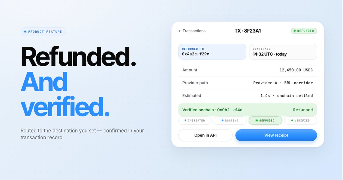 borderlessxyz's tweet photo. Introducing refund management for stablecoin payments.

Configure a refund destination once, per transaction or as a default. Borderless handles routing, verification, and status updates across your entire provider network.

https://t.co/R0zflc9RTc https://t.co/f8ure0tsbl