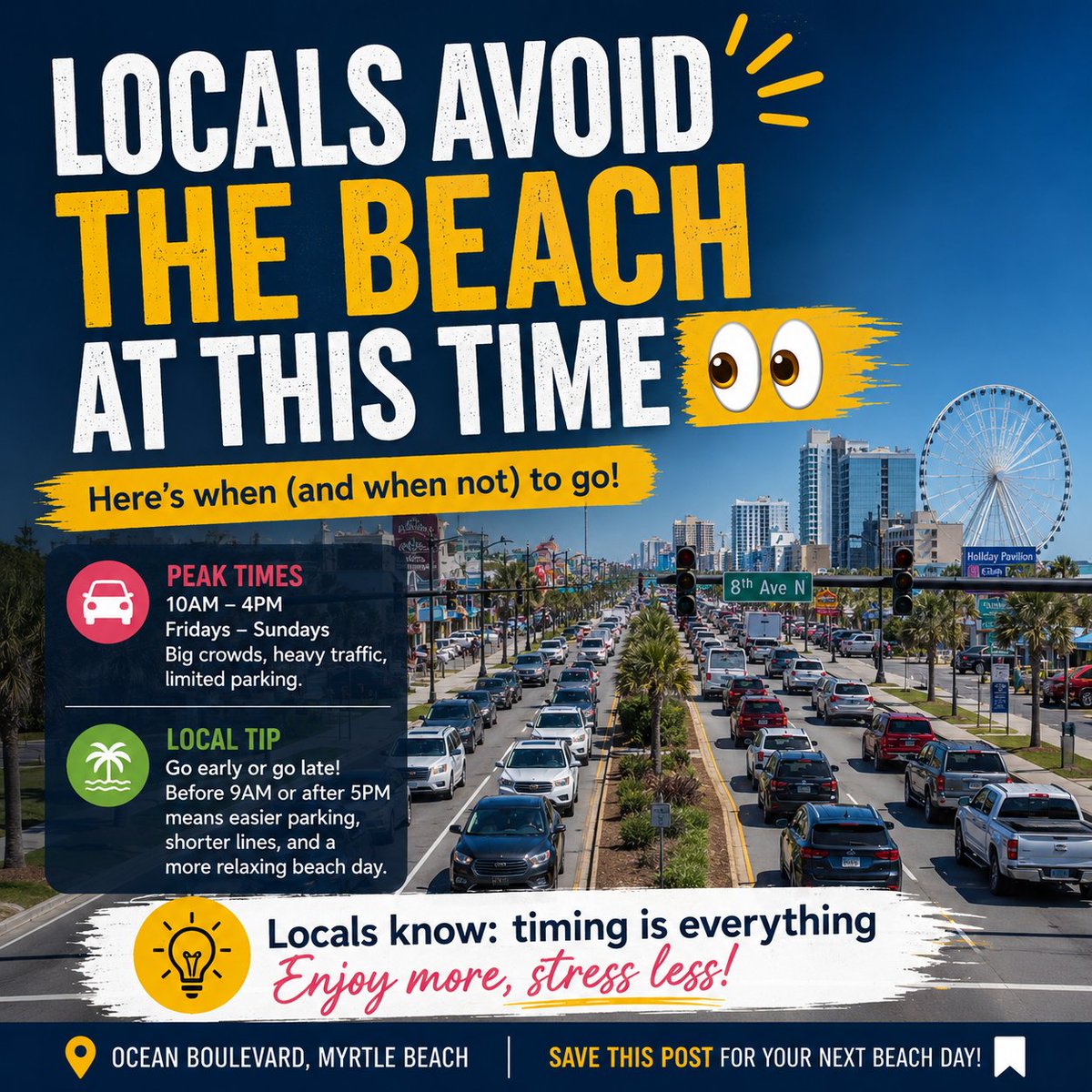 emyrtlebeach's tweet photo. A little Myrtle Beach insider tip 🌊👇

The beach feels VERY different before 9AM 😌☀️

Less traffic.
Less stress.
Way more relaxing. https://t.co/ZSKXVKMAuh
