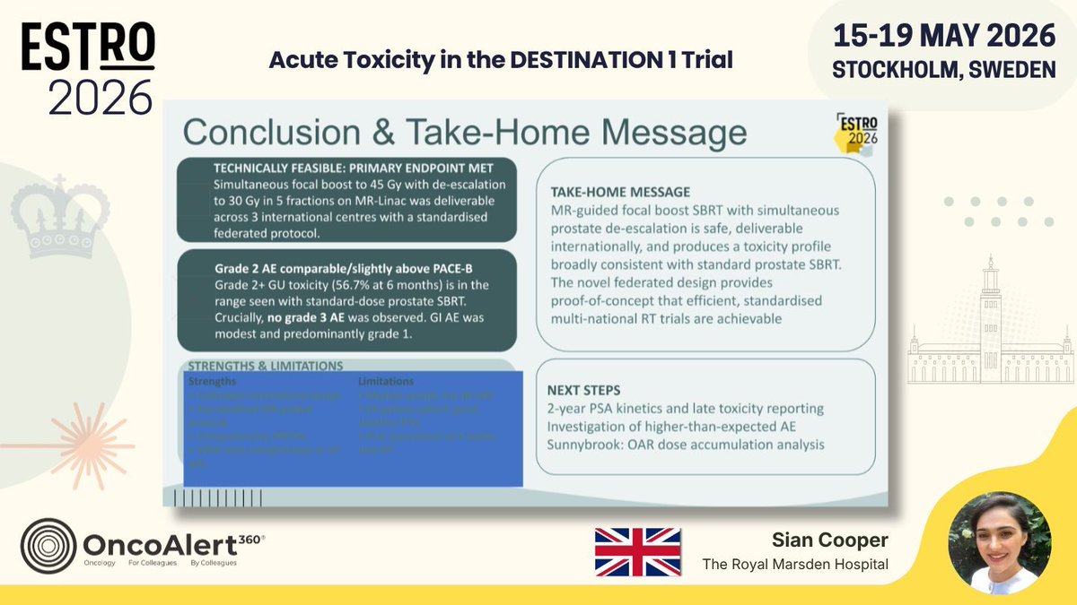 OncoAlert's tweet photo. Day FOUR of #ESTRO26 Coverage by OncoAlert 🚨 
Acute Toxicity in the DESTINATION 1 Trial: A Prospective Prostate SBRT Dose De-escalation Feasibility Study  Presented by Sian Cooper 🇬🇧 

DESTINATION 1 is a prospective Phase II/R-IDEAL 2B federated trial evaluating MR-guided focal boost SBRT (45 Gy/5# to dominant lesion; 30 Gy/5# whole prostate with no margin) in 60 patients with localised prostate cancer across three international centres. At 12 weeks, no grade ≥3 toxicity was observed. GU grade ≥2 toxicity was 55%, GI grade ≥2 was 11.7%. The novel federated design demonstrates proof-of-concept for efficient, standardised international adaptive radiotherapy trials. 

#RadOnc ☢️ 
@ESTRO_RT
@yasemin09896924
@LindaMrissa
@christian_roenn
@Valeriadionisi
@gerryhanna
@clchiang_hk
@mtugceyilmaz
@B_Tomasik
@gmpetrianni
@CiroFranzese1
@Atem84
@piet_ost
@brachyexpert
@BlanceS90
@The_PT_Explorer
@BarbaraJereczek
@Mat_Guc
@ZilliThomas
@AnnaKirby17
@PBlanchardMD
@achoud72

Pinging OA faculty
@MKnoll_MD
@_ShankarSiva
@Icro_Meattini
@seanmmcbride
@NiuSanford
@nataliagandur
@acampsmalea
@to_be_elizabeth
