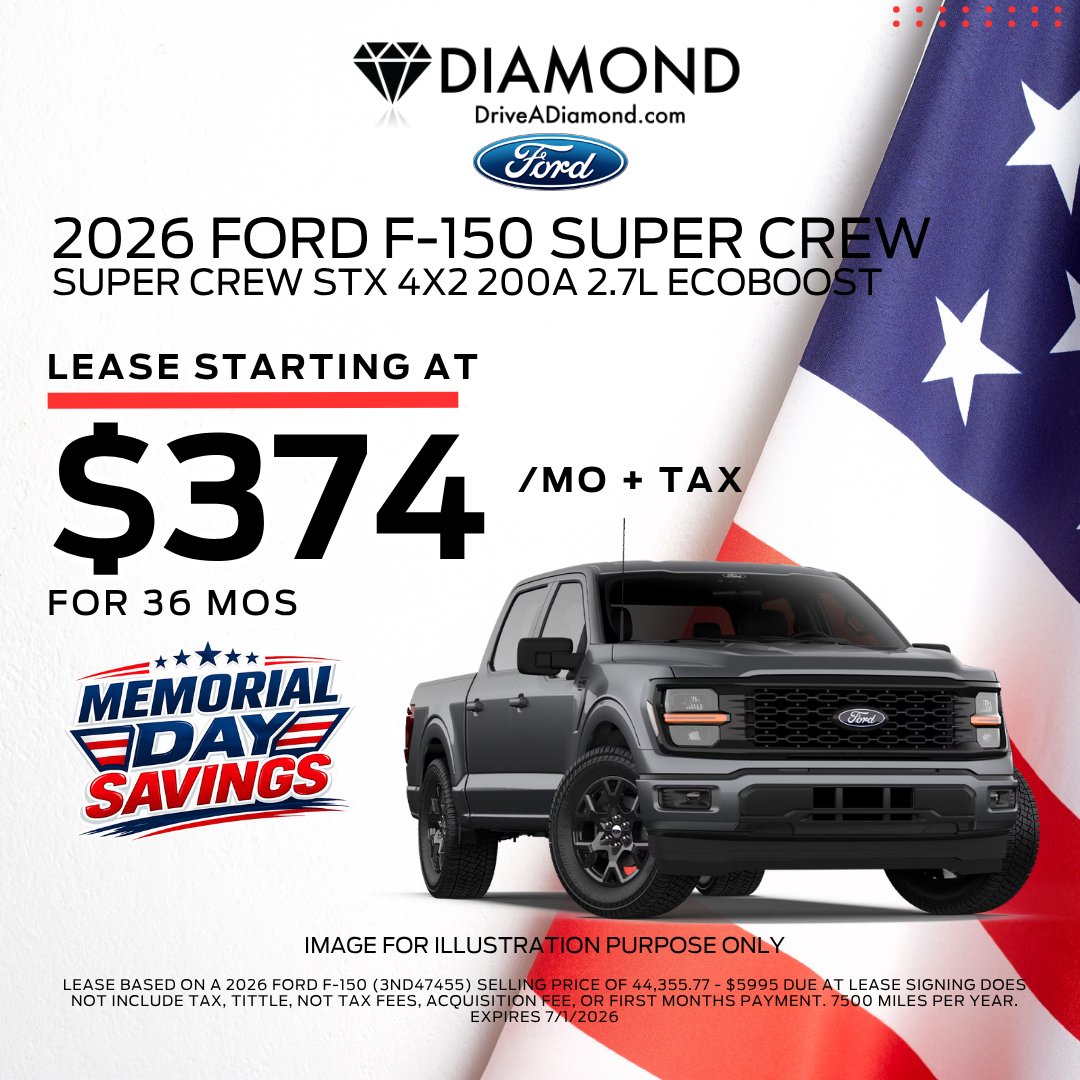DiamondFordAV's tweet photo. Ready for F-150 STX power? 💪 Lease Spotlight: 2026 Ford F-150 SuperCrew STX 4x2 200A 2.7L EcoBoost for $374/mo plus tax for 36 mos, 7,500 miles/yr, $5,995 due 🚙 #FordF150 #FordTruck #Ford

Shop For Yours at 👉 https://t.co/cErU8vcbai https://t.co/ERVqZXSdM3