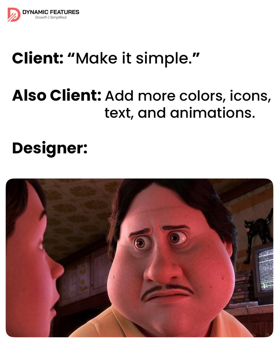 DynamicFeatures's tweet photo. “Make it simple.”
Also the client: “Add more colors, animations, icons &amp; make the logo bigger!” 
Every designer knows this struggle. 
At Dynamic Features, we turn creative chaos into designs that grab attention &amp; convert. 
https://t.co/6sOHlJ377M
#GraphicDesign  #DynamicFeatures https://t.co/Gu0Xd9xOWW