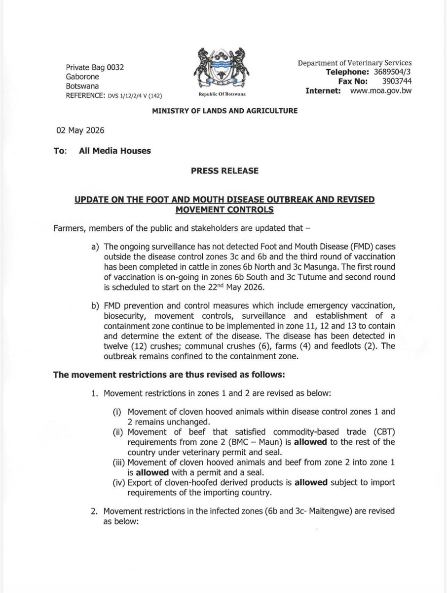 wabpan's tweet photo. FYI, YOU ARE ALLOWED TO MOVE FRESH MEAT PRODUCTS FROM ZONE 3b (Nata) &amp; ZONE 4a(Boteti) TO THE REST OF THE COUNTRY as per communication from the 2nd of May 2026. There are clear specifications below on the how… https://t.co/lmPS1oqyNe