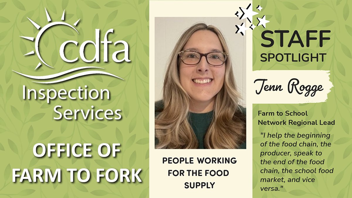 CDFA_ISD's tweet photo. ISD Staff Spotlight: Farm to School Network Regional Lead Jenn Rogge fosters connections between local producers and school food authorities 🍎🍓🍉🍊🍏🥕🥦 ⬇️
https://t.co/3XgS7RoaRO https://t.co/6EqFk2NStt